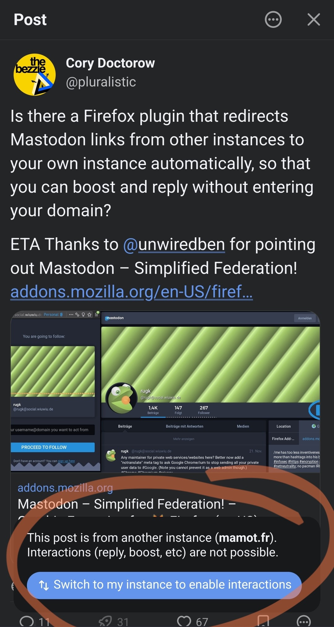 Screenshot of Cory Doctorow&#39;s post in Phanpy, highlighting the &quot;Switch to my instance&quot; button available when you can switch back.