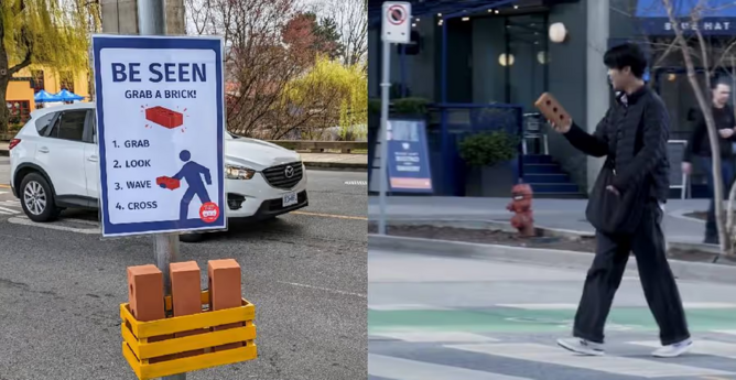 Left image: A basket of bricks at a crosswalk (actually, they are foam bricks)

Right image: A pedestrian holding one of those foam bricks while crossing

This is the teaser image, which is not automatically displayed, probably due to a "browser firewall"