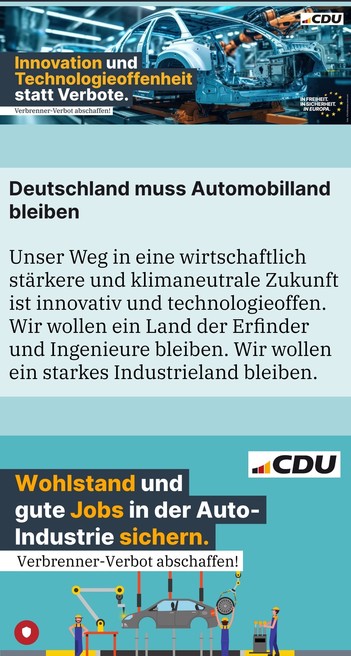 Screenshot ab https://aktion.cdu.de/ja-zum-auto : "Deutschland muss Automobilland bleiben

Unser Weg in eine wirtschaftlich stärkere und klimaneutrale Zukunft ist innovativ und technologieoffen. Wir wollen ein Land der Erfinder und Ingenieure bleiben. Wir wollen ein starkes Industrieland bleiben."