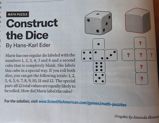 Image from the Puzzle section of the printed edition of Scientific American:

Math Puzzle

Construct the Dice

By Hans-Karl Eder

Marie has one regular die labeled with the numbers 1, 2, 3, 4, 5 and 6 and a second cube that is completely blank. She labels this cube in a special way. If you roll both dice, you can get the following totals: 1, 2, 3, 4, 5, 6, 7, 8, 9, 10, 11 and 12. The special part: all 12 total vaslues are equally likely to be rolled. How did Marie label the cube?

For…