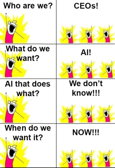 8 panels comic, alternating between a speaker shouting and the adience answering unisono:

S: Who are we?
A: CEOs!
S: What do we want?
A: AI!
S: AI that does what?
A: We don't know!!!
S: When do we wabt it?
A: NOW!!!