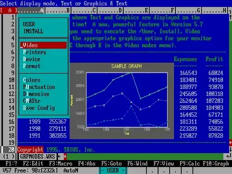 A screenshot of a DOS spreadsheet program with drop-down menus and a graph shown