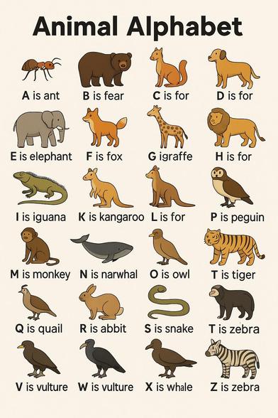 KI-generiertes Bild: 5x5 Tiere unter dem Titel "Animal Alphabet" mit Fehlern.

Z.B. "B is fear" unter einem Bären. Oder "P is penguin" unter einem eulenähnlichen Vogel, der aber nicht eulenähnlich aufrecht sitzt.