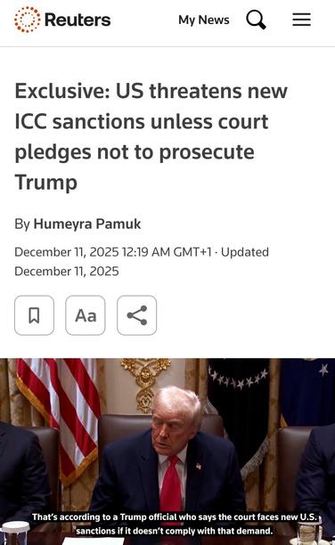 Screenshot from the page: "Exclusive: US threatens new ICC sanctions unless court pledges not to prosecute Trump"