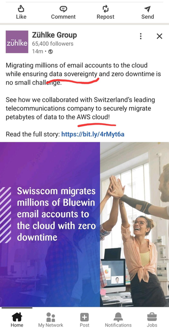 LinkedIn Post by Zühlke Group

"Migrating millions of email accounts to the cloud while ensuring data sovereignty and zero downtime is no small challenge.

See how we collaborated with Switzerland's leading telecommunications company to securely migrate petabytes of data to the AWS cloud! Read the full sotry: [Link]"

Post link: https://www.linkedin.com/posts/zuehlkegroup_migrating-millions-of-email-accounts-to-the-activity-7415307602001031168-jgPh