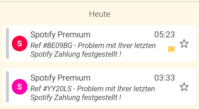 Zwei Mails über angebliche Spotify-Zahlungsprobleme direkt hintereinander; mit unterschiedlichen "Fallnummern"