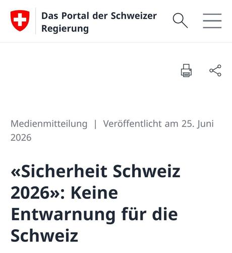 Screenshot: Medienmitteilung Veröffentlicht am 25. Juni 2026
«Sicherheit Schweiz 2026»: Keine Entwarnung für die Schweiz