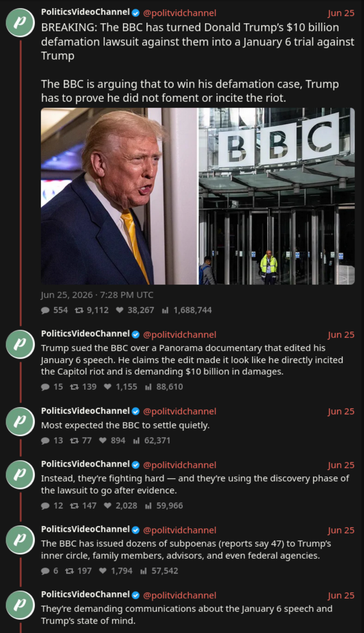 Screenshot from the linked thread:
BREAKING: The BBC has turned Donald Trumpโs $10 billion defamation lawsuit against them into a January 6 trial against Trump
The BBC is arguing that to win his defamation case, Trump has to prove he did not foment or incite the riot.
Trump sued the BBC over a Panorama documentary that edited his January 6 speech. He claims the edit made it look like he directly incited the Capitol riot and is demanding $10 billion in damages.
Most expected the Bโฆ