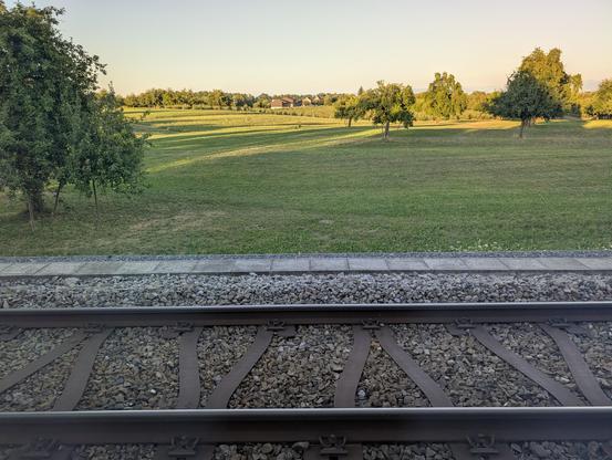 Schienen mit S-förmigen Schwellen alternierender Richtung. Vor grüner, abendlicher Natur