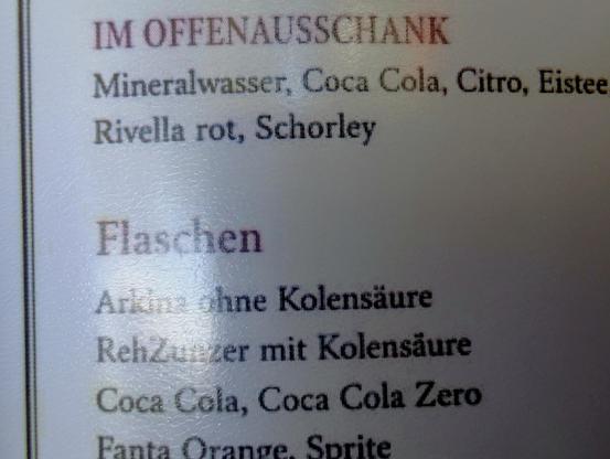 Getränkekarte mit "RehZunzer" (mit Kolensäure)