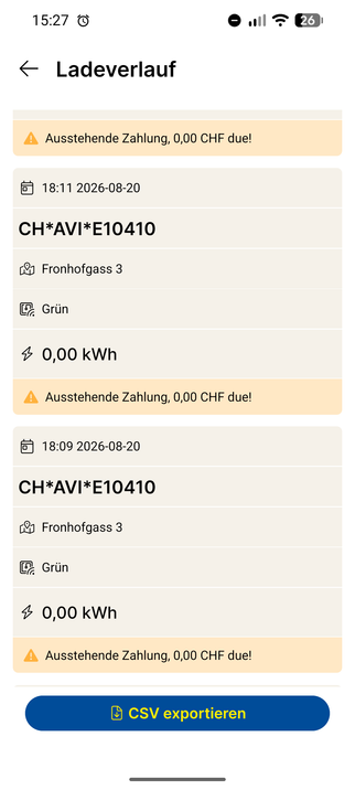 Screenshot einer Ladeapp mit mehreren erfolglosen Ladeversuchen, jeweils mit Balken darunter: "⚠️ Ausstehende Zahlung, CHF 0.00 due"